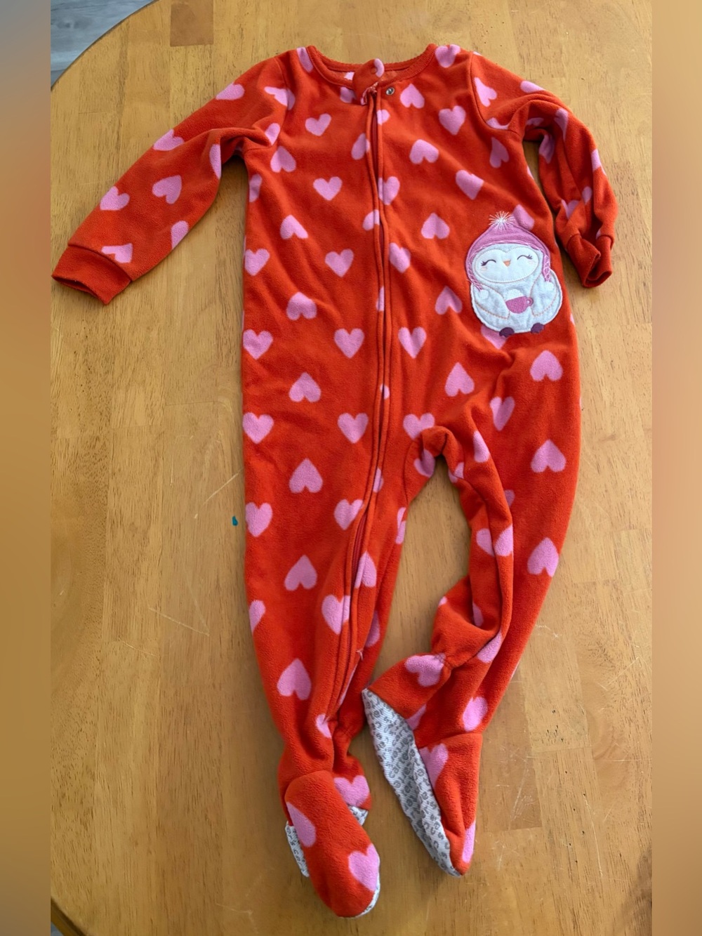 Carter's Red Fleece Footed One-Piece with Pink Hearts